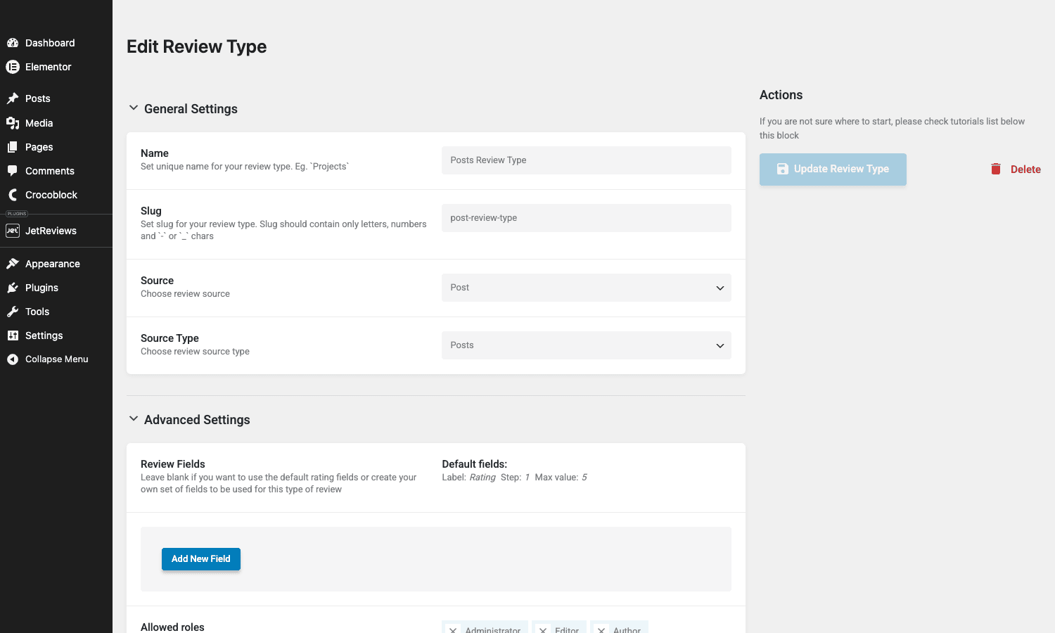 Review type criteria editor Review Type edit page showing the criteria field editor with default rating settings