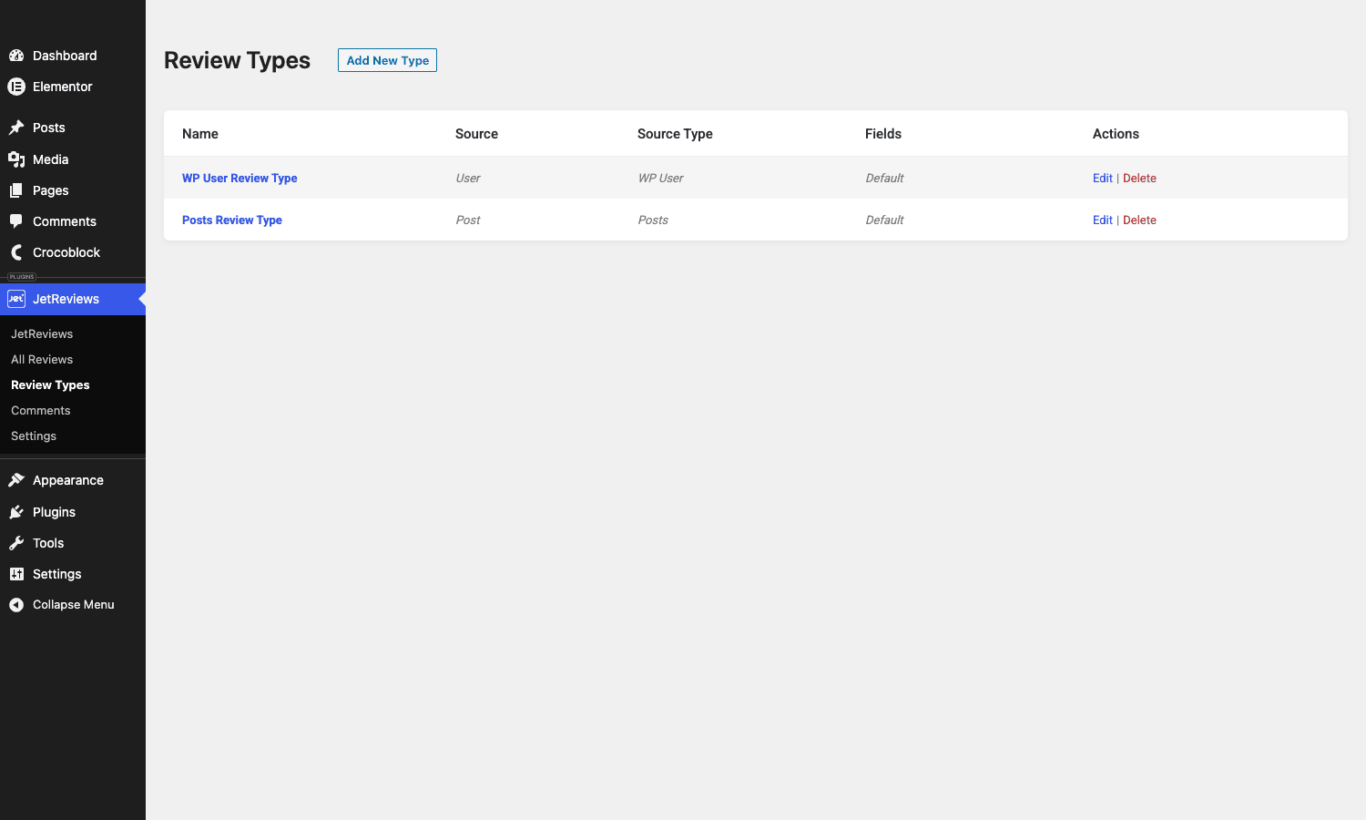 JetReviews admin navigation JetReviews left-side menu showing dashboard, all reviews, review types, comments, settings
