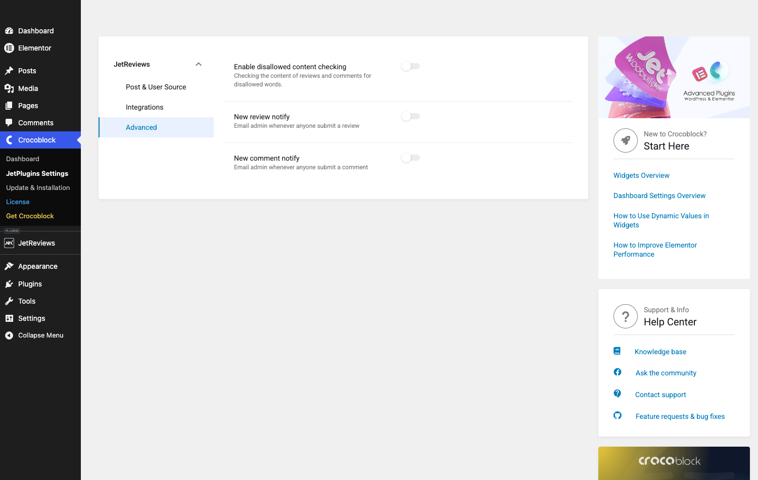 JetReviews advanced settings JetReviews Advanced settings showing notify toggles and content checking option
