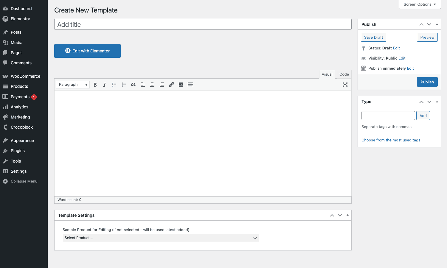 Create New Template in JetWooBuilder JetWooBuilder Create New Template page with the Edit with Elementor button and Template Settings panel for selecting a sample product to use during editing