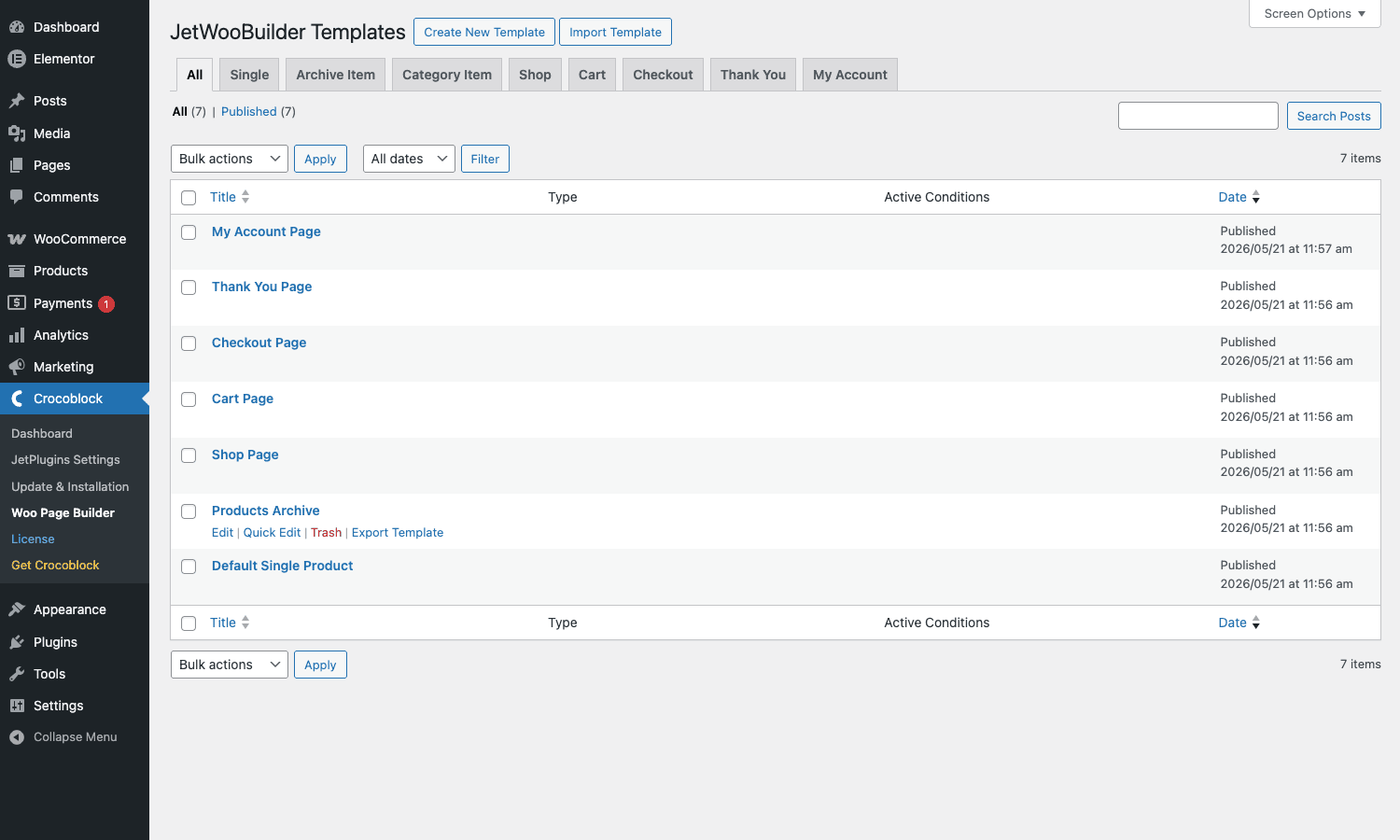 JetWooBuilder Templates list JetWooBuilder Templates list inside WP admin showing seven sample templates and the type tabs for Single, Archive Item, Category Item, Shop, Cart, Checkout, Thank You, and My Account