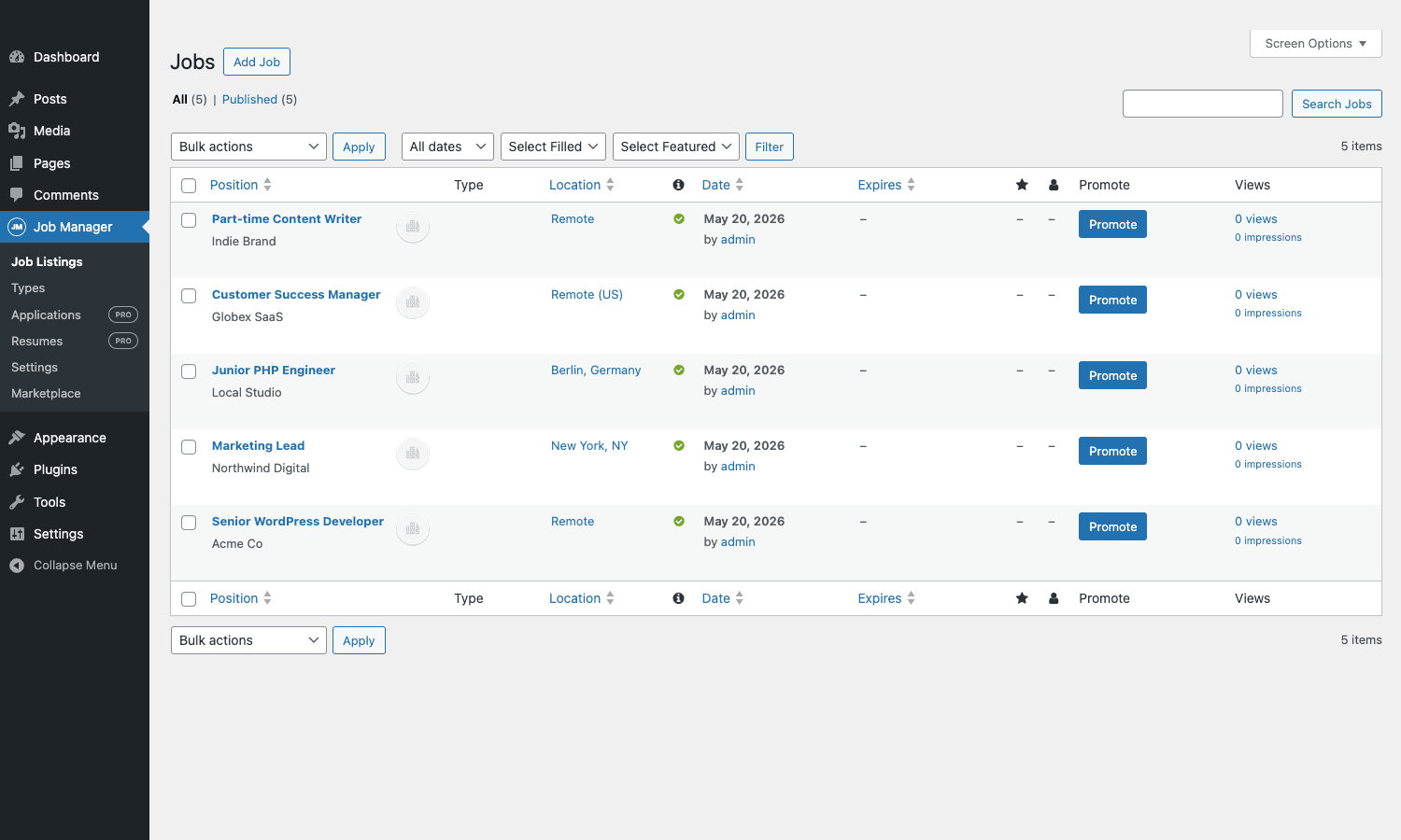 WP Job Manager admin Jobs page with sortable columns: Position, Type, Location, Date, Expires, Featured, Filled, Promote, Views WP Job Manager admin jobs list with 5 sample positions and admin-side filters