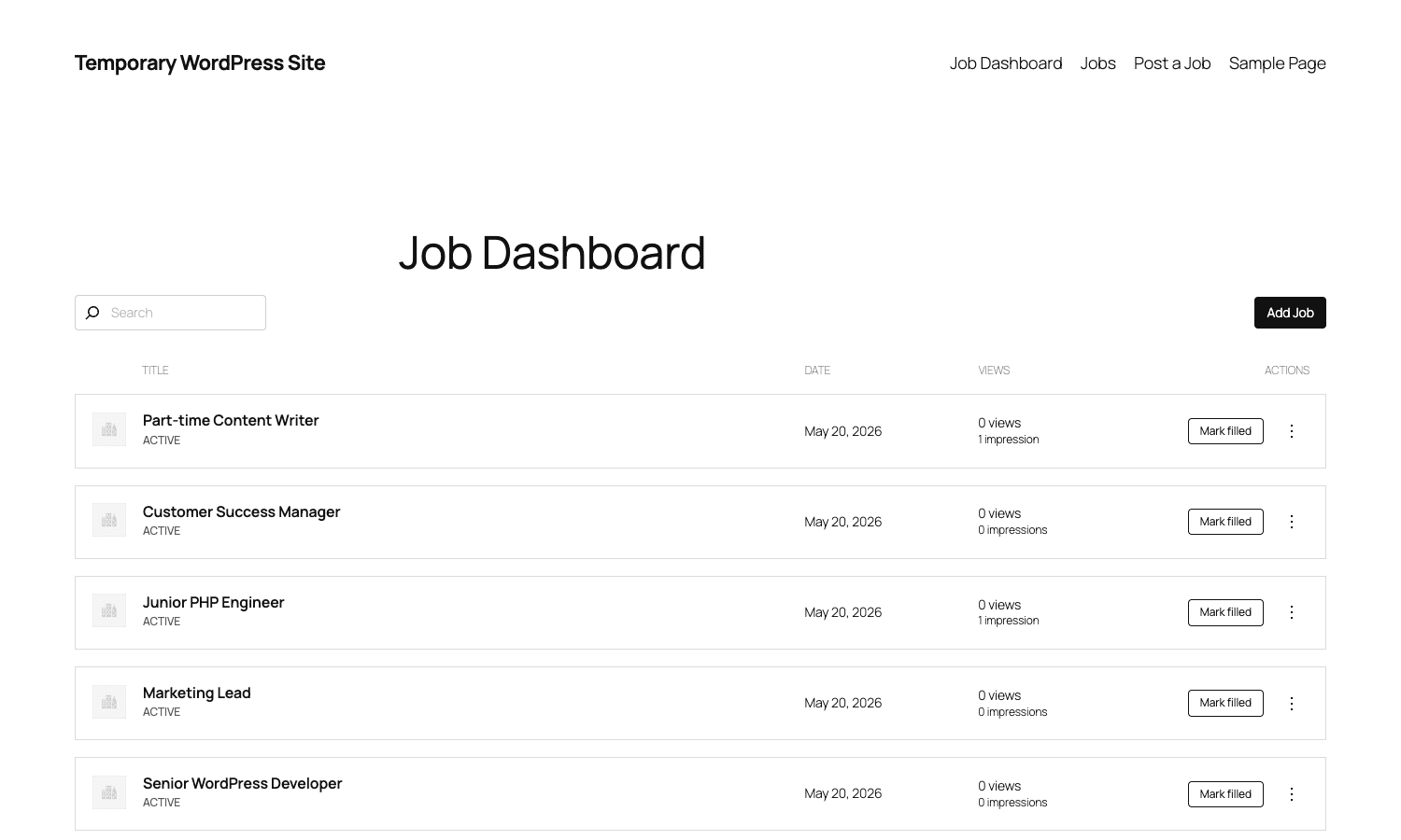Public Job Dashboard with Search, Add Job, and a table of the employer's listings with Mark filled and action menu WP Job Manager front-end job dashboard with 5 active listings and actions per row