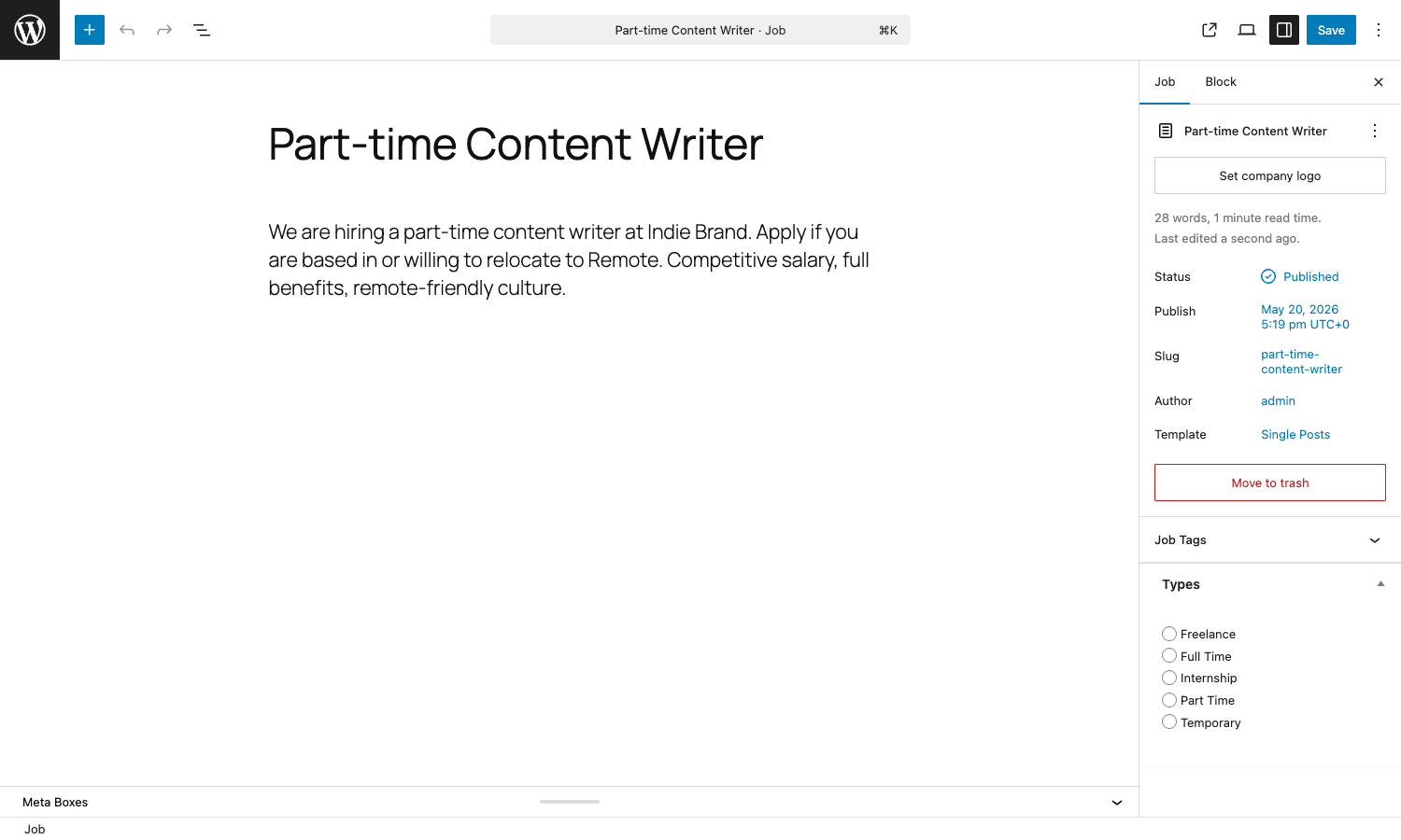 Single job edit screen in Gutenberg with title, description, and Job panel showing Set company logo, Status Published, Slug, Author, Template, Job Tags, Types radios WP Job Manager Gutenberg editor with Part-time Content Writer job and Job sidebar showing Status, Publish date, Slug, Author, Types