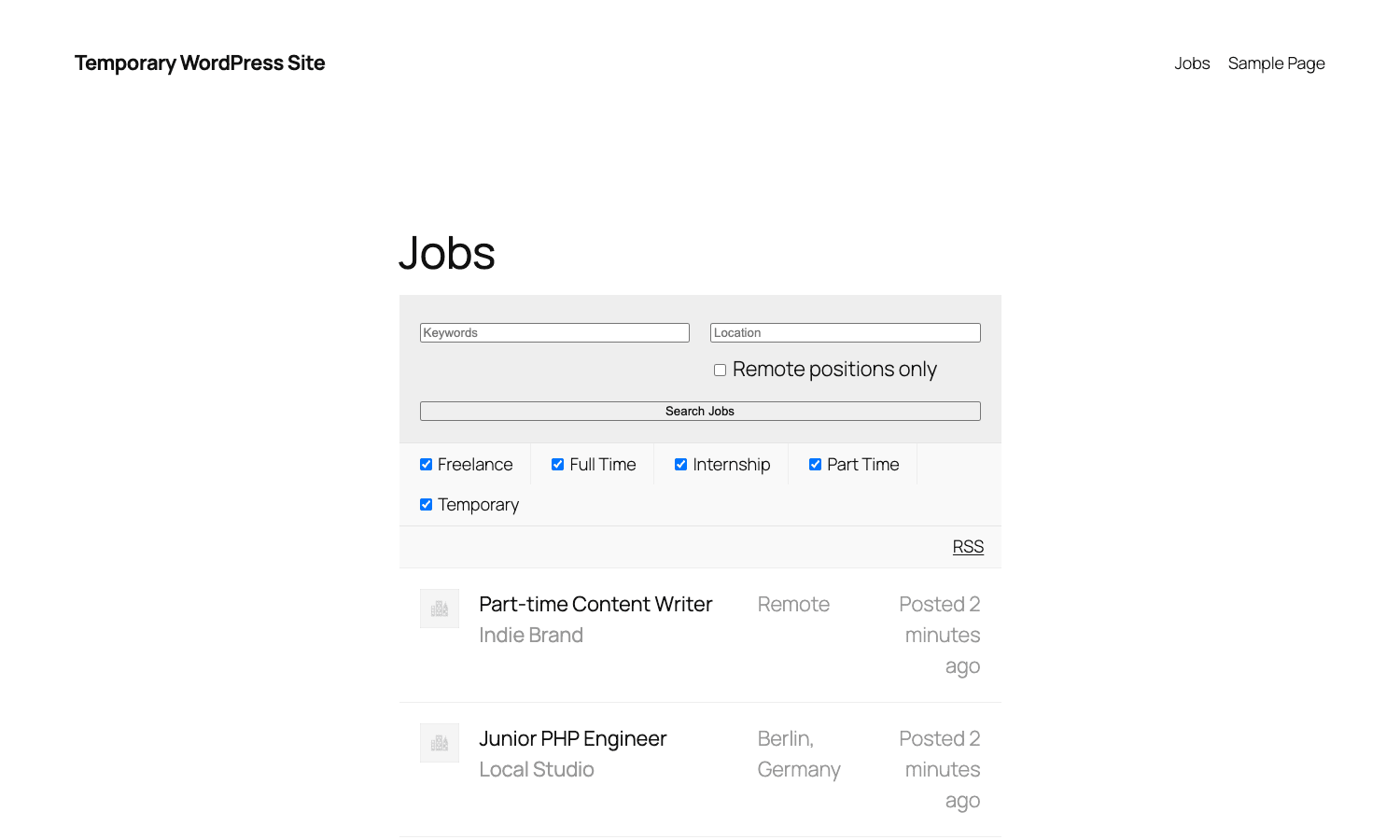 Public Jobs page showing keyword/location search, remote checkbox, type filters, and job rows with company name and location WP Job Manager front-end jobs page with search form, type filters, and listing rows