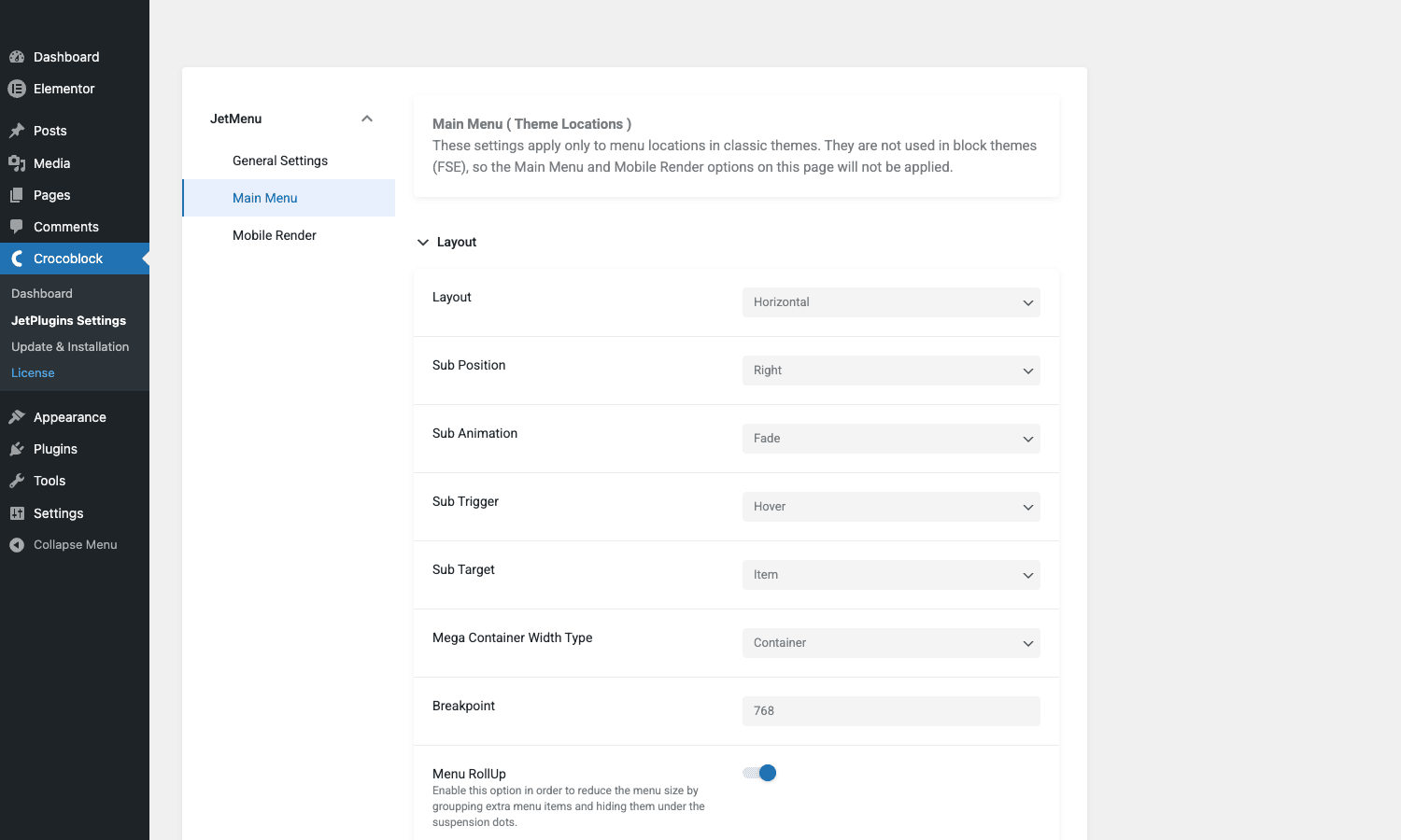Main Menu (Theme Locations) settings panel JetMenu Main Menu tab with theme locations notice and Layout controls