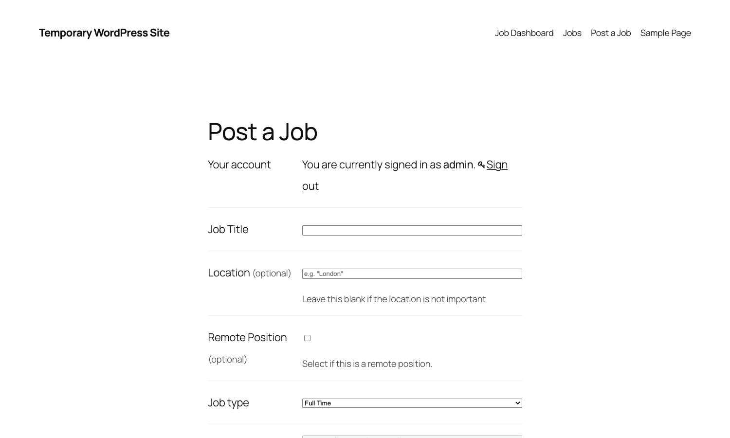 Public Post a Job page with Your account, Job Title, Location, Remote Position, Job type fields WP Job Manager front-end job submission form with Job Title, Location, Remote Position, and Job type fields