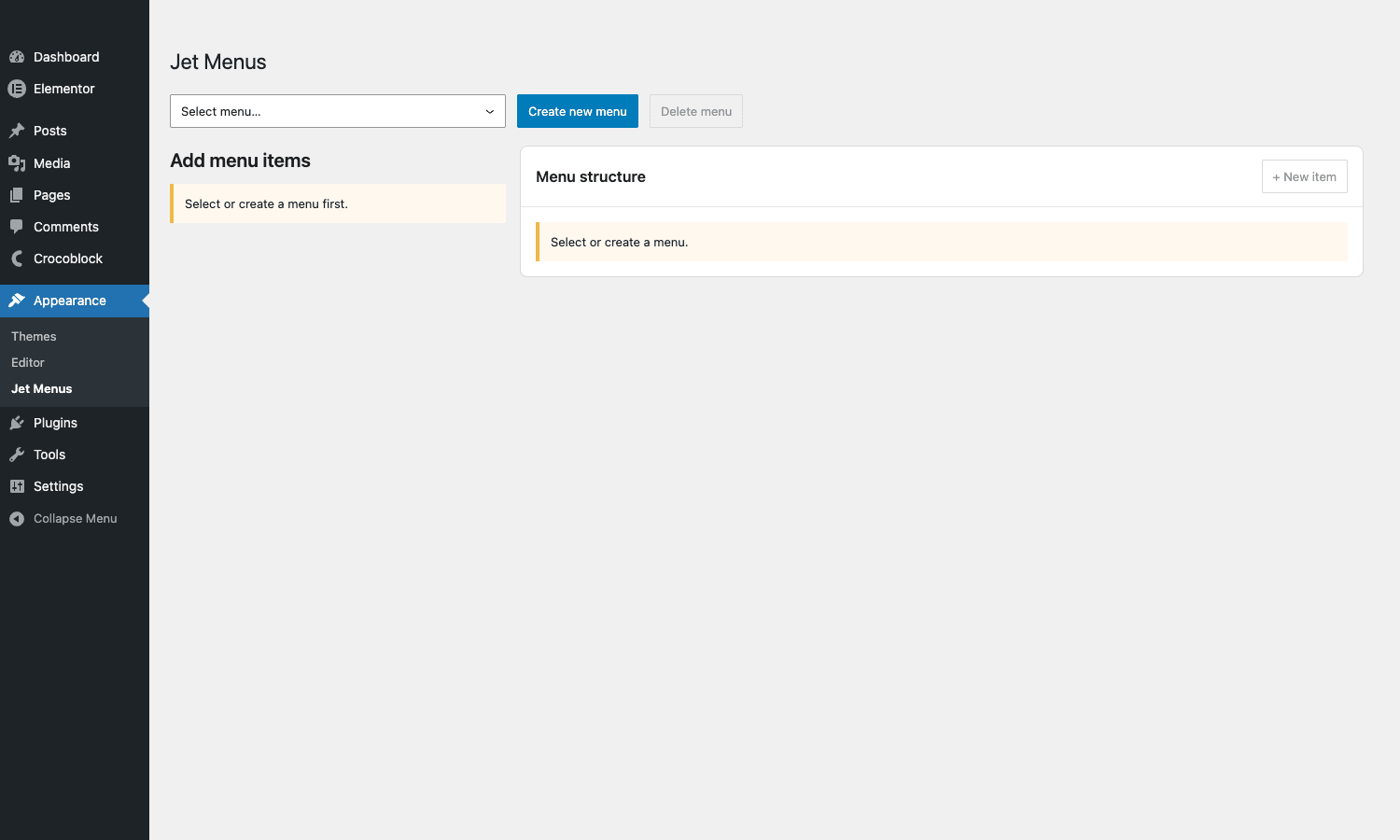 Jet Menus management screen JetMenu Appearance > Jet Menus page with menu structure pane