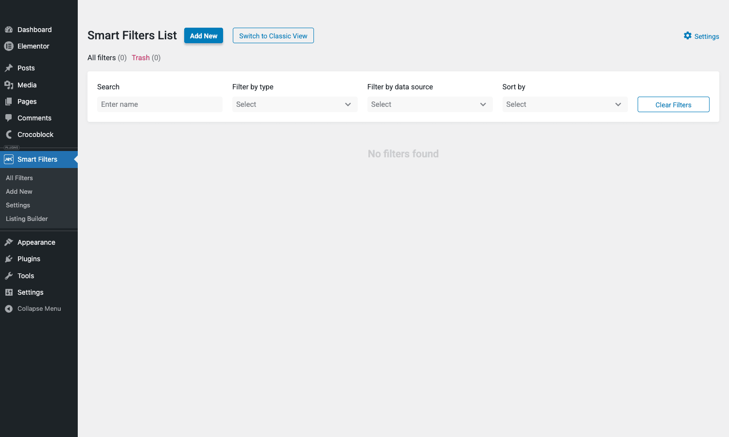 Smart Filters list view with filter row Smart Filters List page with the search, filter type, data source, and sort by row at the top