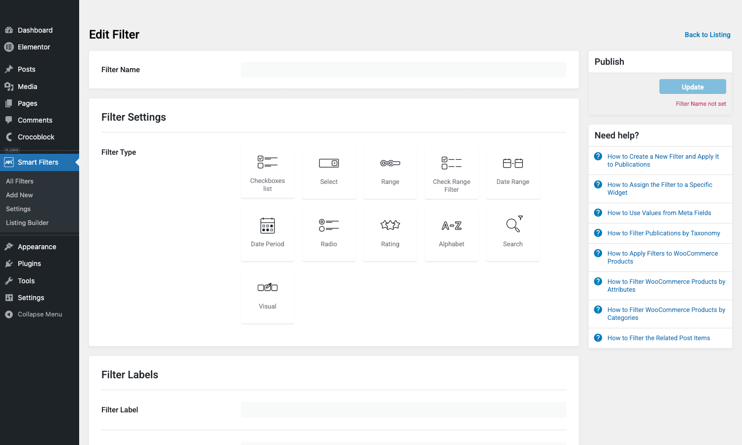 JetSmartFilters new filter editor JetSmartFilters new filter editor showing the eleven filter type cards plus help links