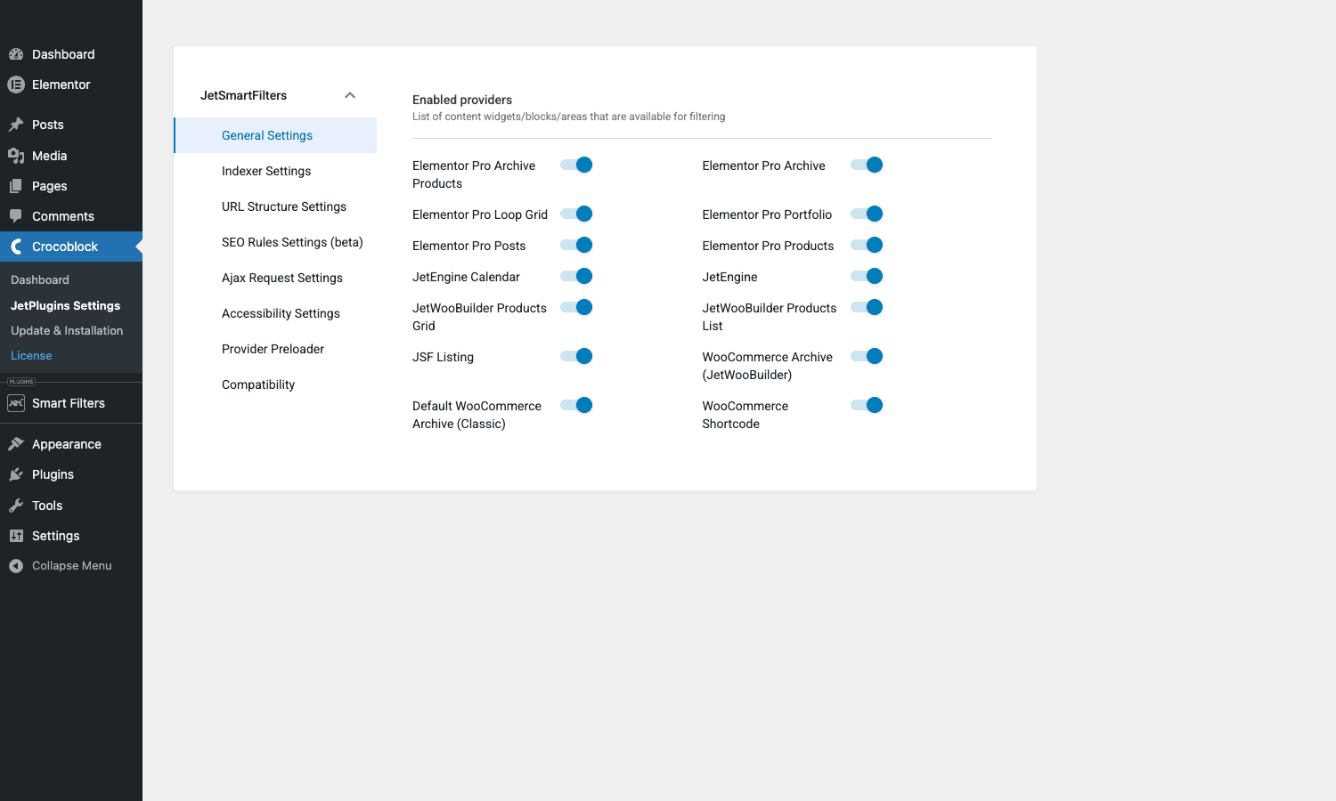 JetSmartFilters General Settings JetSmartFilters General Settings showing the per-provider toggles for Elementor Pro Archive, Loop Grid, JetEngine, WooCommerce, and the rest