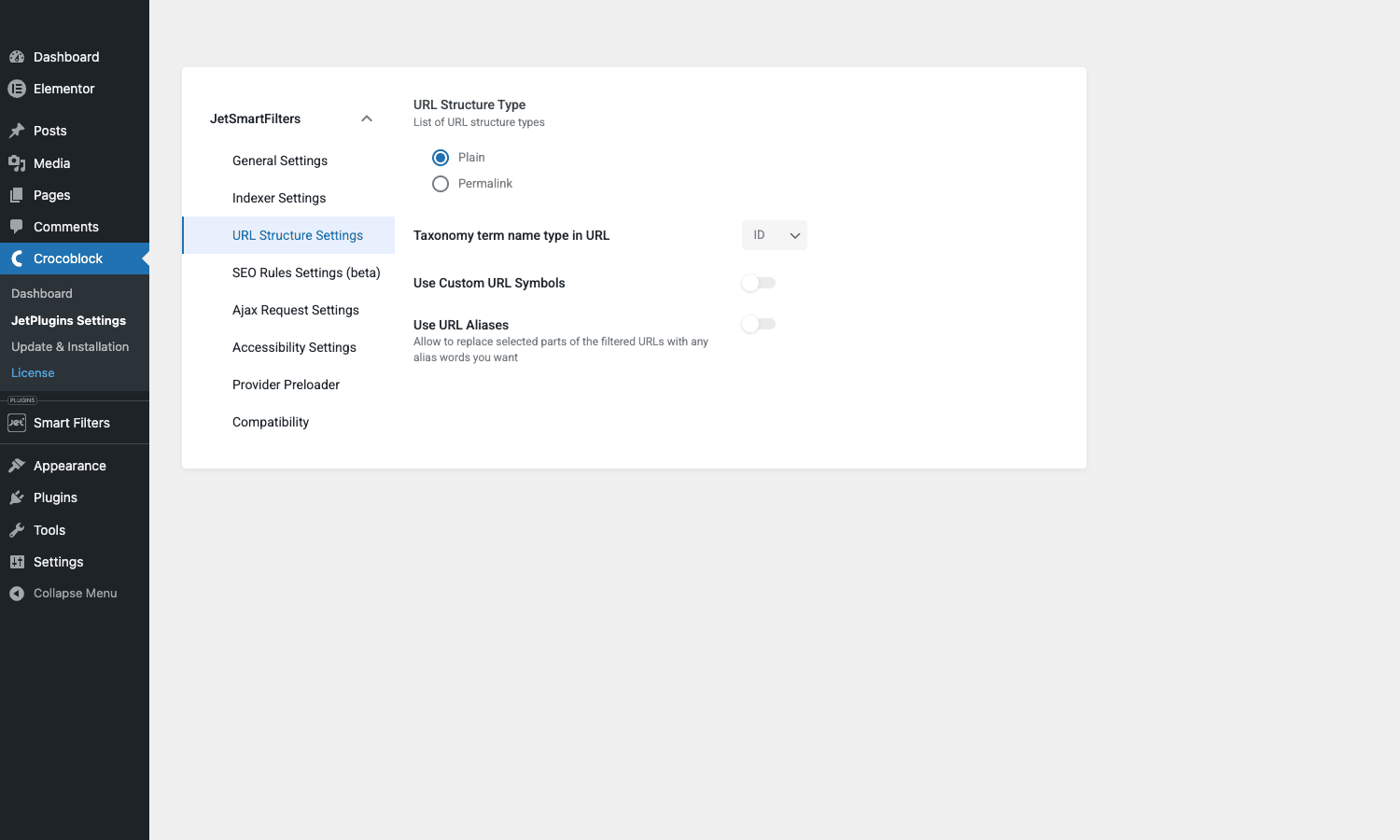 JetSmartFilters URL Structure Settings JetSmartFilters URL Structure Settings showing Plain URL type, taxonomy term ID dropdown, custom URL symbols toggle, and URL Aliases toggle