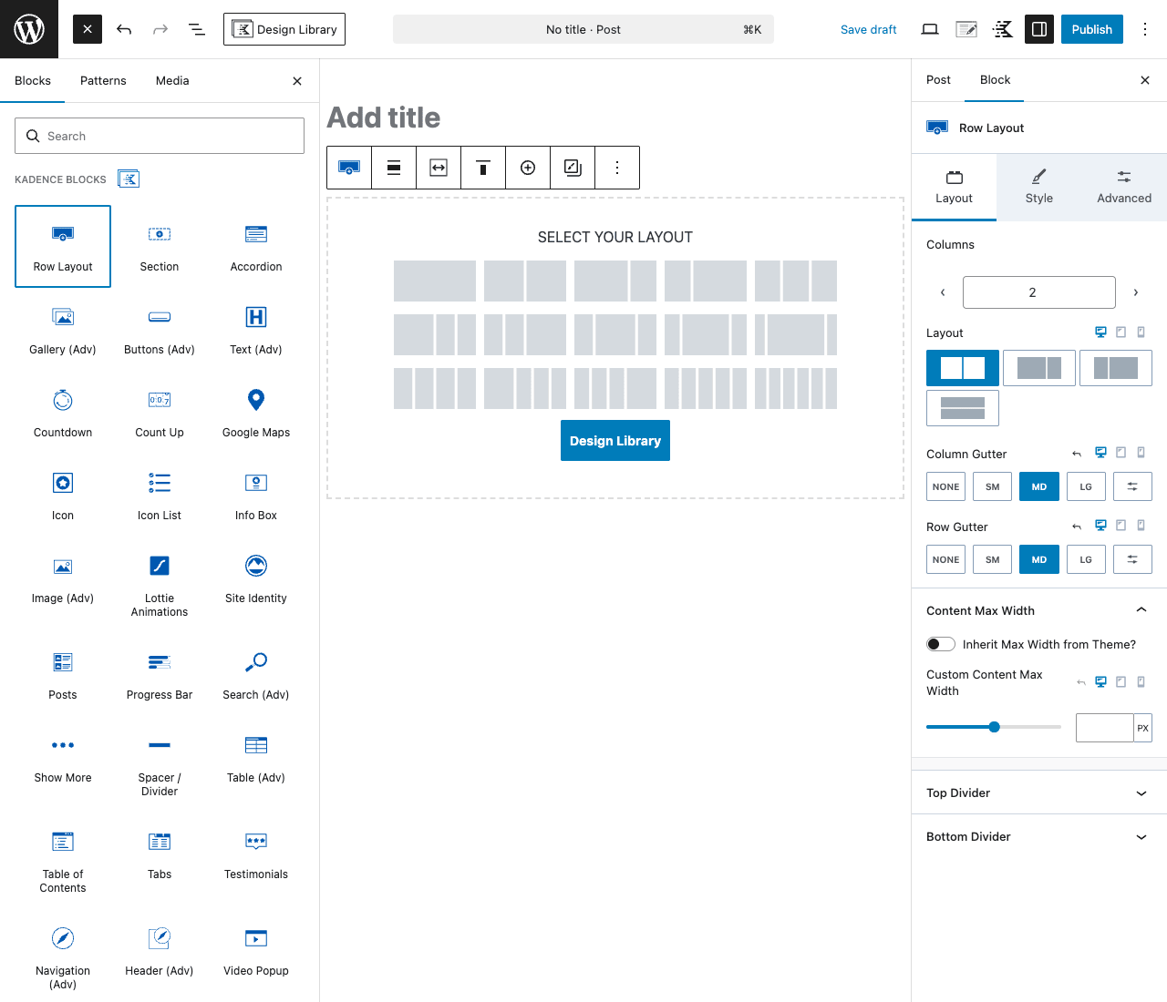Kadence Row Layout block with layout chooser and responsive sidebar controls Block inserter sidebar showing Kadence Blocks library with Row Layout selected, plus the editor canvas showing the Row Layout block prompting to Select Your Layout with 9 column variations, and the right sidebar with Layout, Columns 2, Layout selector, Column Gutter, Row Gutter, and Content Max Width controls
