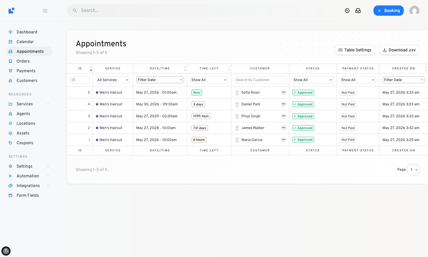 LatePoint appointments list LatePoint appointments admin list with five seeded bookings