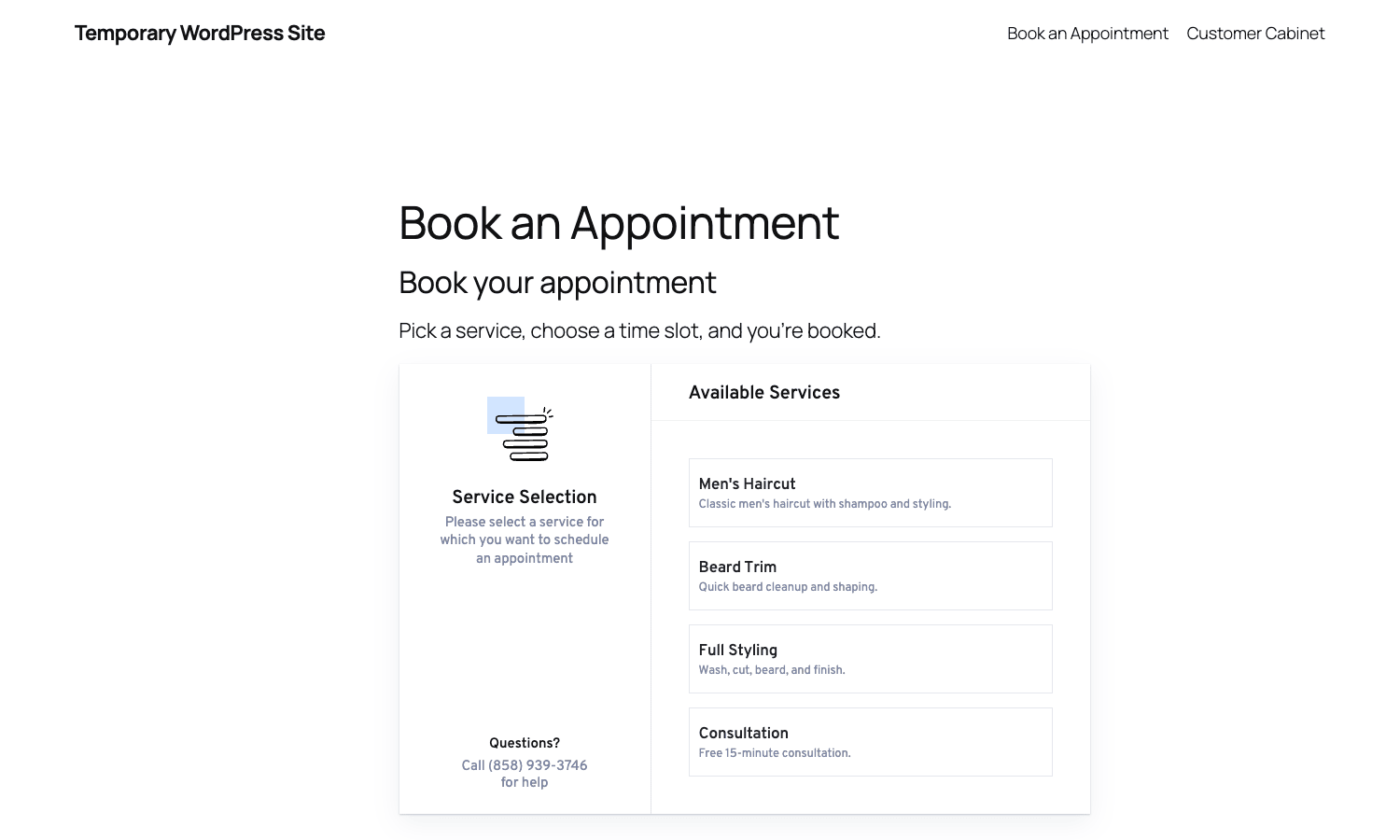 LatePoint booking widget service selection LatePoint front-end booking widget showing service selection step