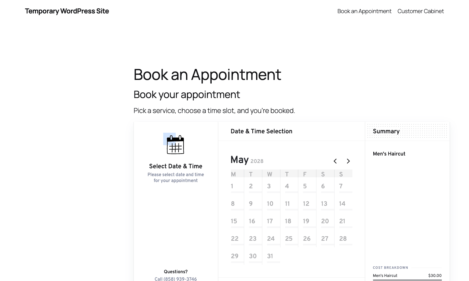 LatePoint date and time selection LatePoint booking widget calendar step with summary panel
