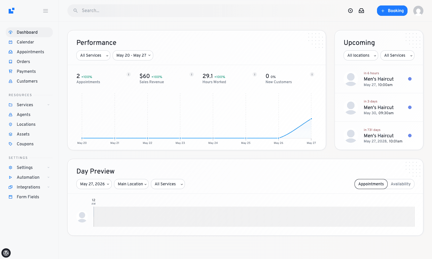 LatePoint Dashboard LatePoint admin dashboard showing performance stats and upcoming appointments