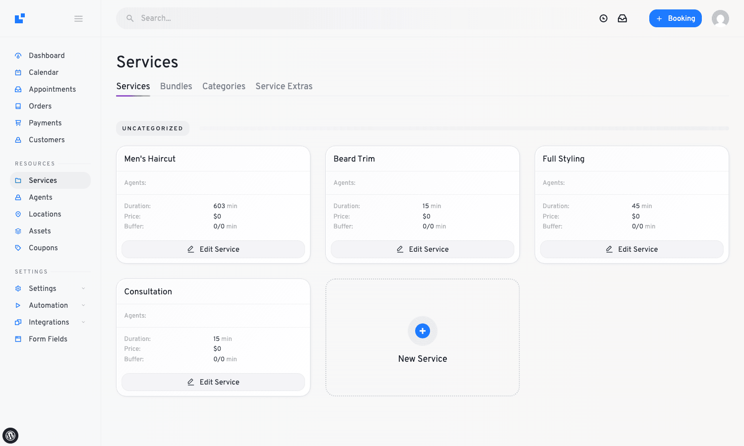 LatePoint services admin LatePoint services admin listing with four populated service cards