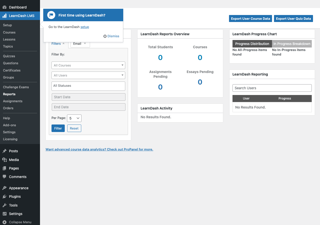 Reports, student progress, activity, exports LearnDash Reports Overview showing Total Students, Courses, Assignments Pending, Essays Pending stats, plus LearnDash Activity widget, Filters panel (course/user/status/date), Progress Chart, Reporting search