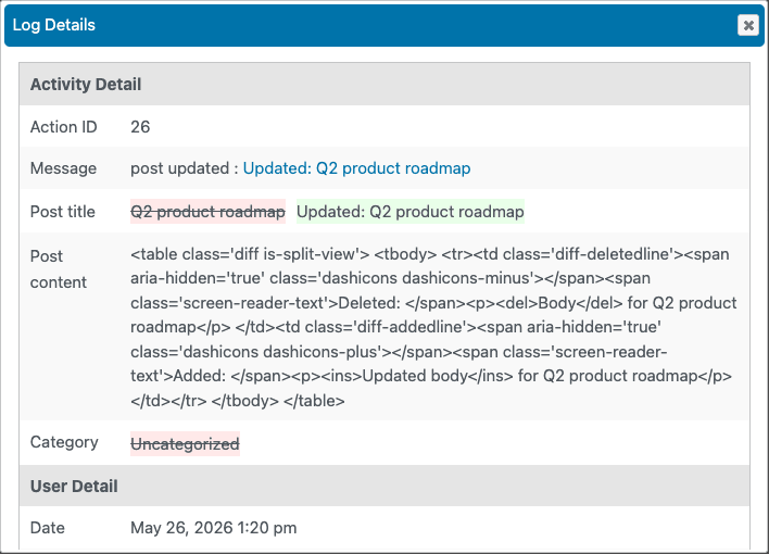 User Activity Log Pro single event drill-down Single event detail view showing the diff of changed fields