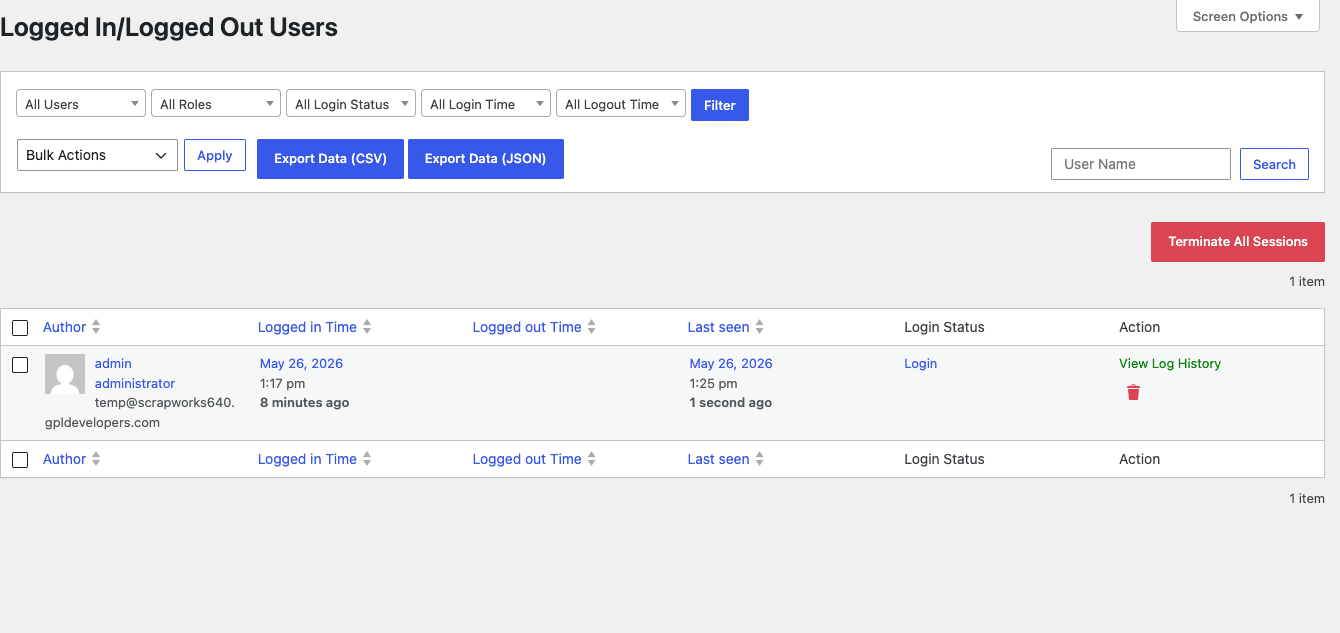 User Activity Log Pro logged users report Logged users report showing per-user activity drill-down
