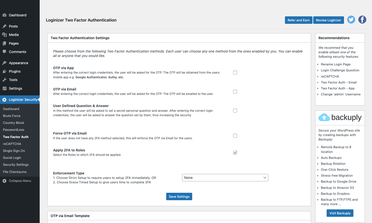 Two-factor authentication Loginizer Two Factor Authentication settings showing OTP via app, challenge question, and email options