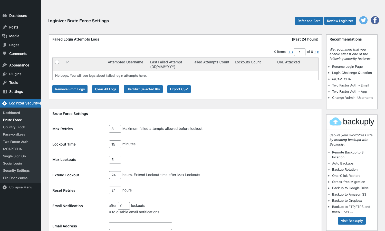 Brute force settings Loginizer brute force settings page with failed-attempts log and threshold controls