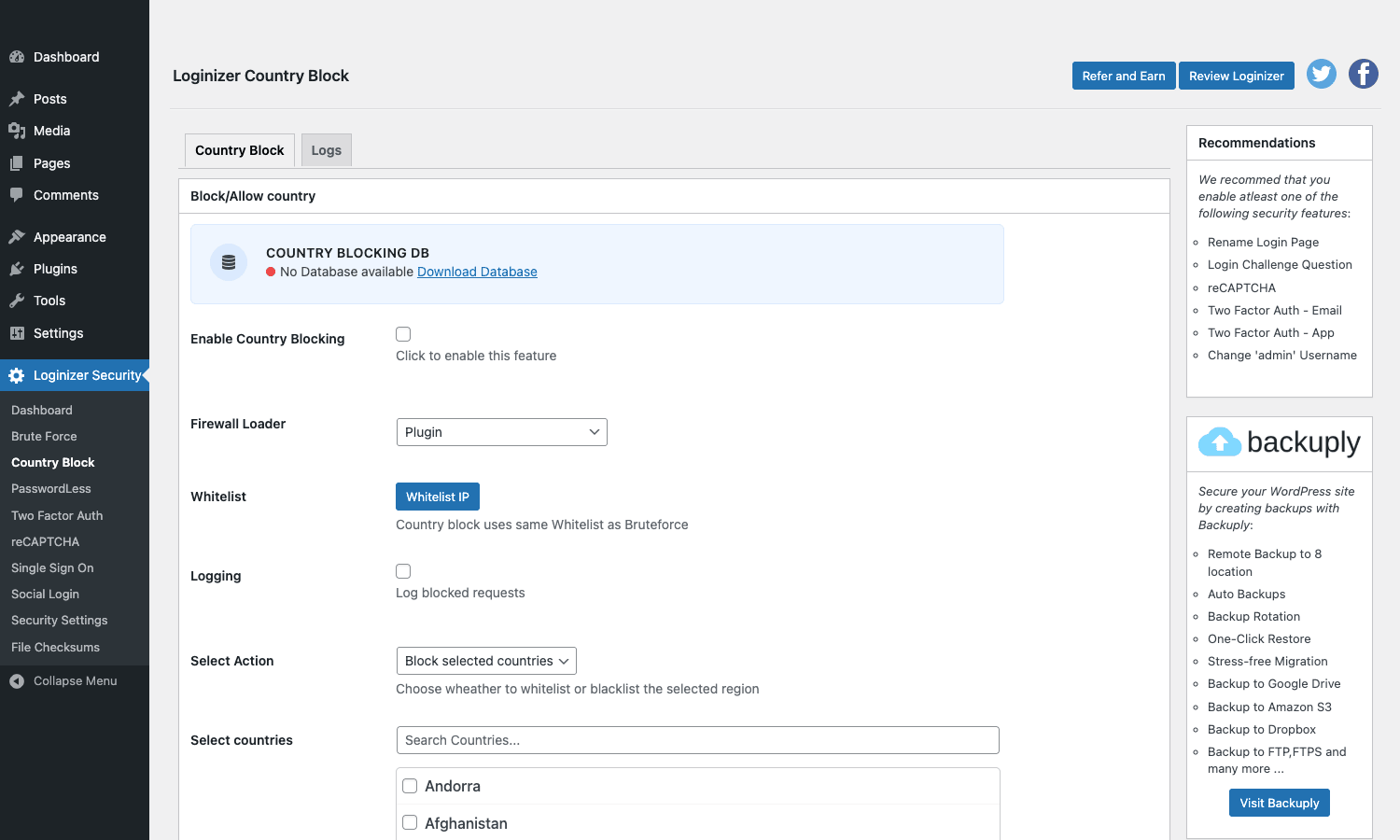 Country block settings Loginizer Country Block panel showing the country selector and whitelist mode