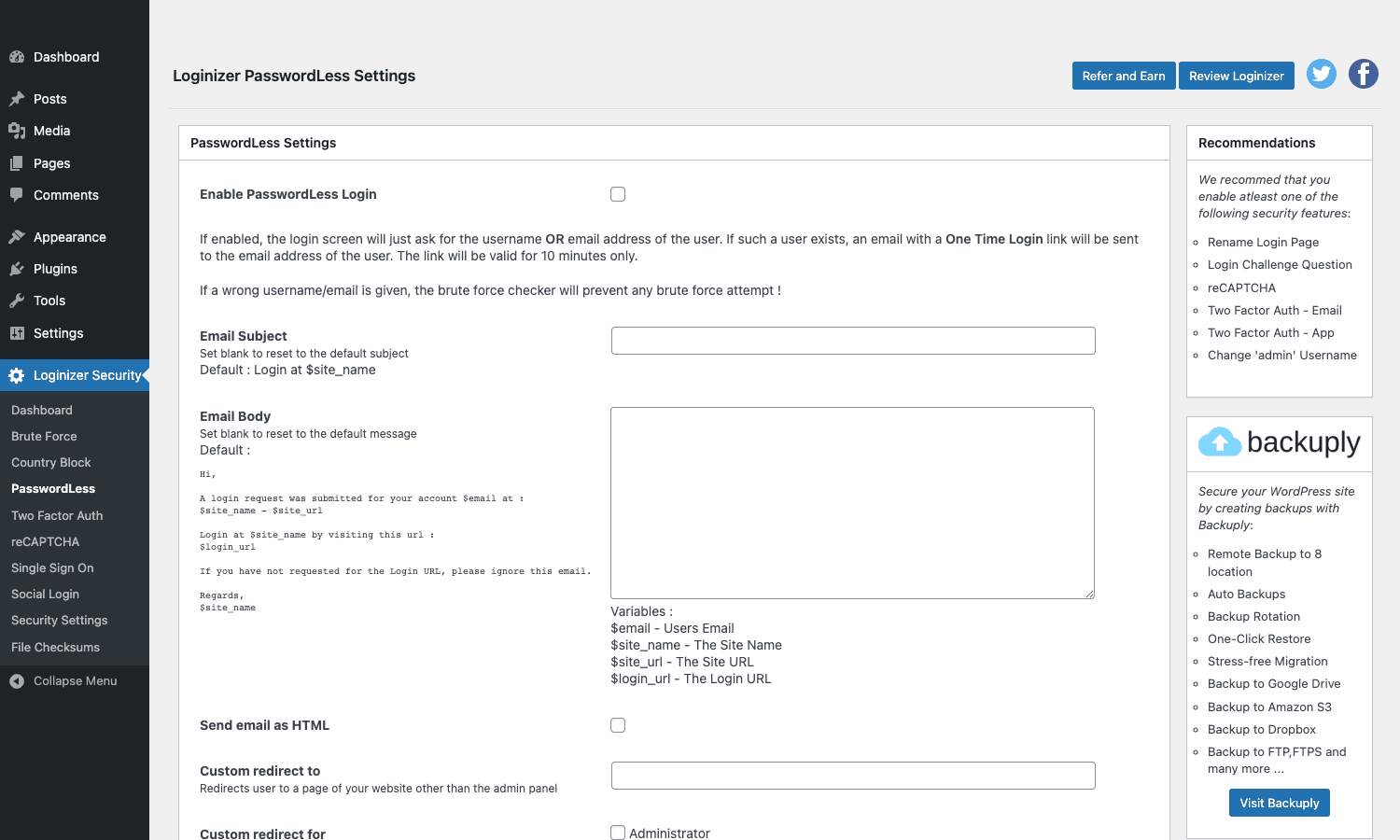 PasswordLess login settings Loginizer PasswordLess login settings with email body and redirect controls