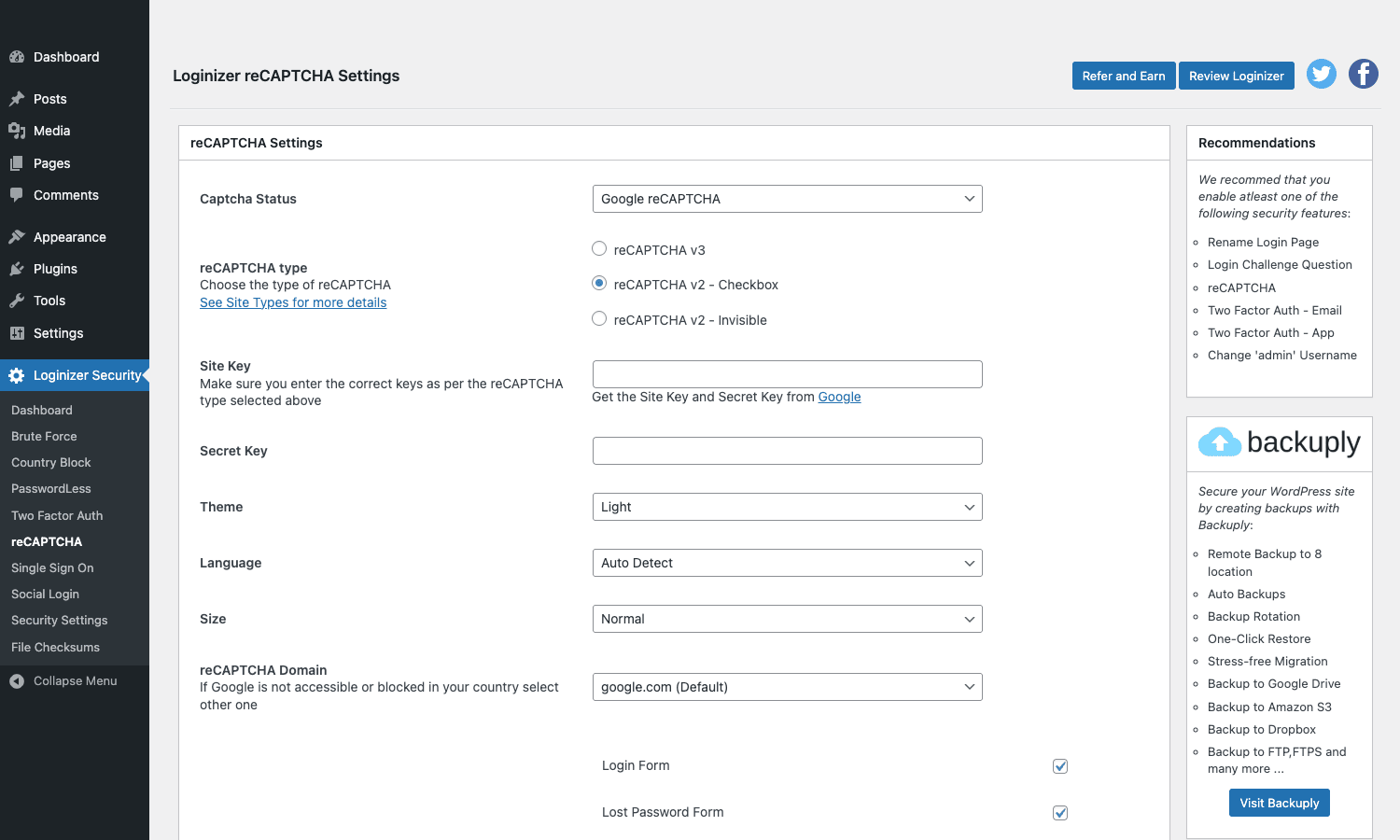 reCAPTCHA settings Loginizer reCAPTCHA settings with provider, version, and form-placement options