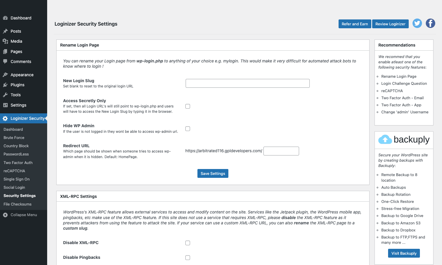 Security Settings tab Loginizer Security Settings page with rename login, hide WP admin, and XML-RPC controls