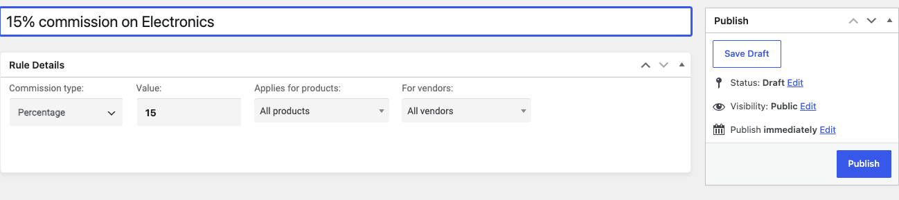 MarketKing Pro commission rule builder MarketKing Pro commission rule editor set to a 15 percent percentage commission applied to all products and all vendors