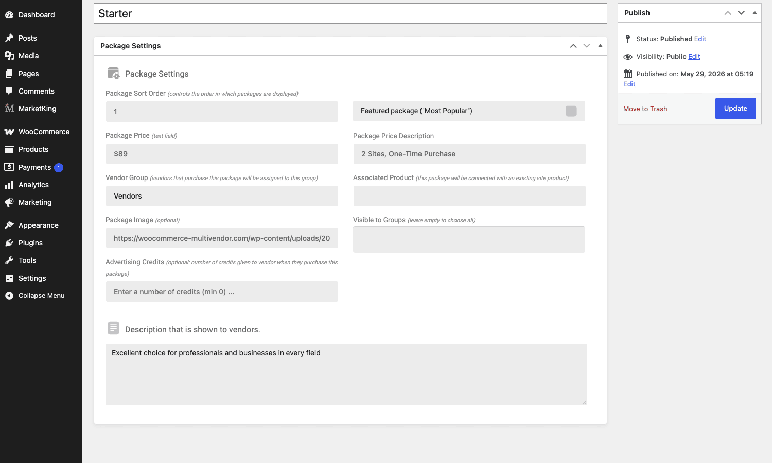 MarketKing Pro membership package settings MarketKing Pro membership package settings showing price, vendor group assignment, advertising credits, and featured toggle