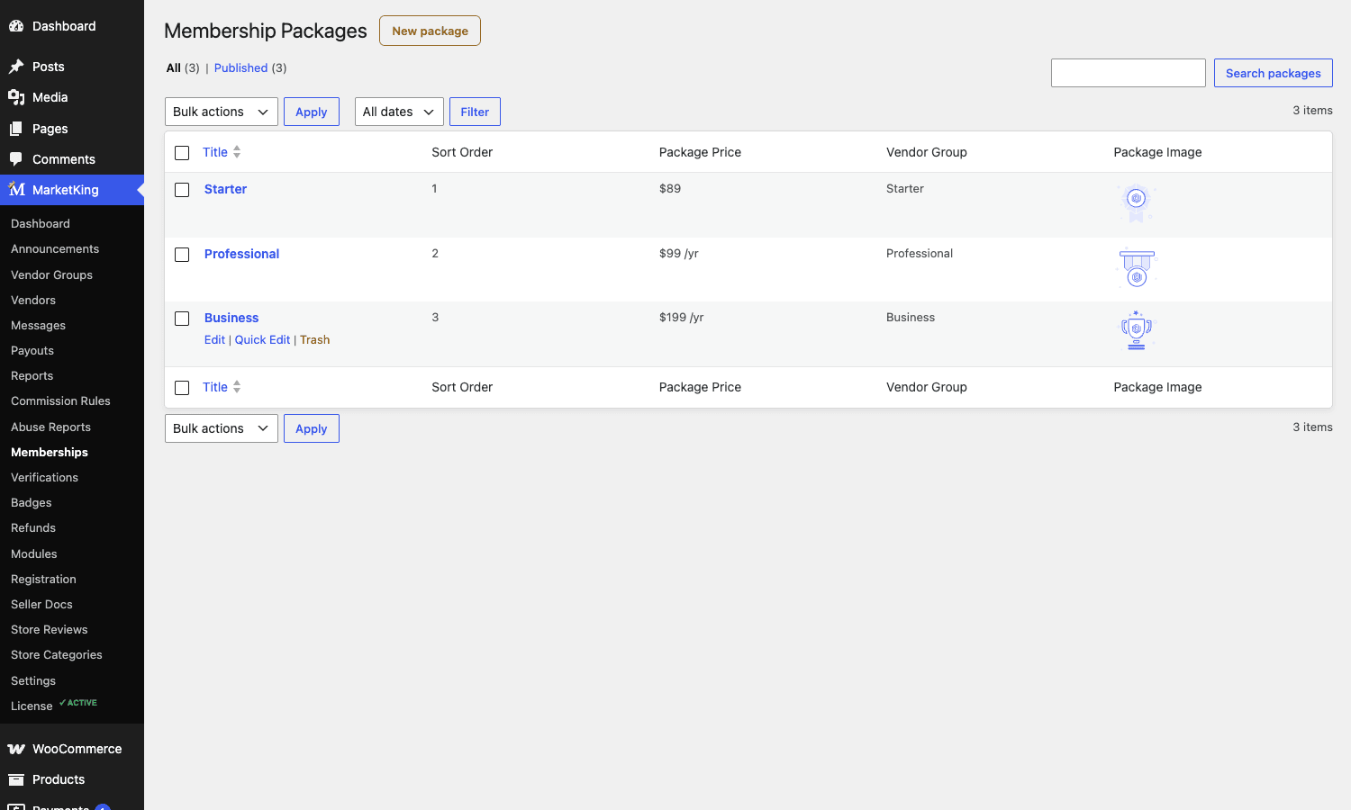 MarketKing Pro vendor membership packages MarketKing Pro membership packages list showing Starter, Professional, and Business tiers with prices and assigned vendor groups