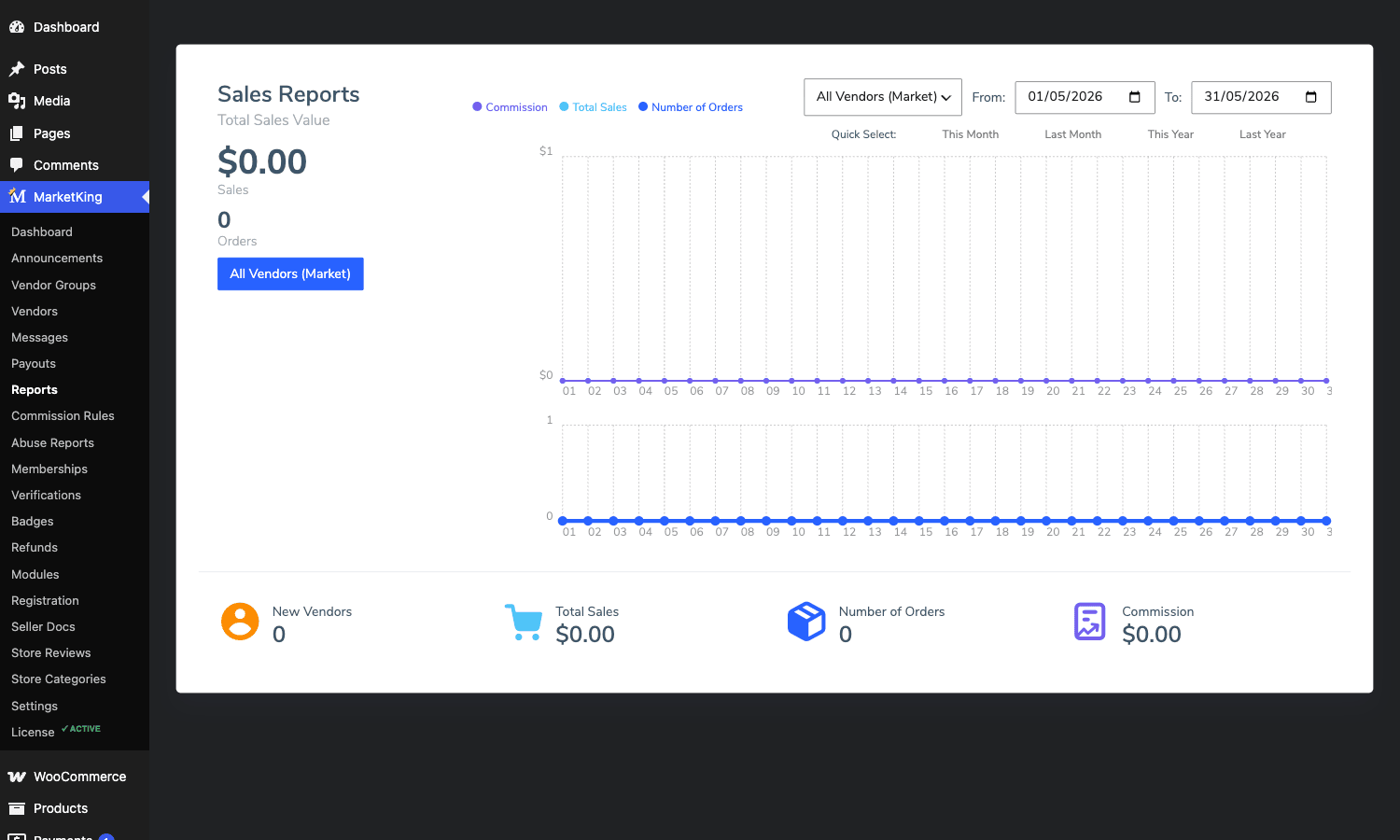 MarketKing Pro sales reports MarketKing Pro sales reports dashboard showing total sales value, commission, number of orders, and a date-filtered chart