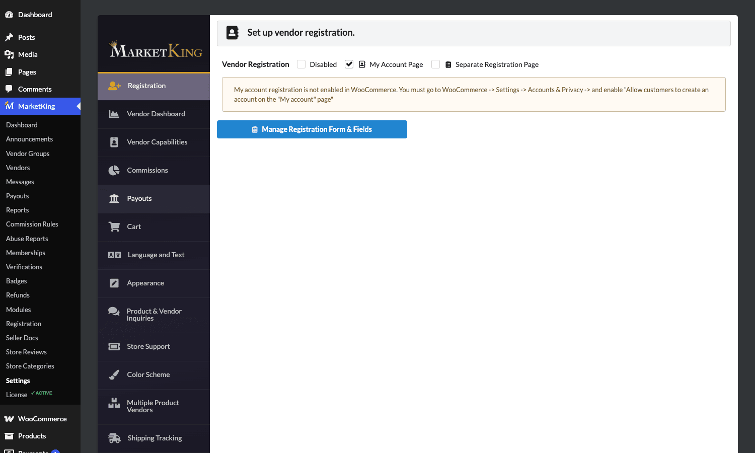 MarketKing Pro registration settings MarketKing Pro settings showing the vendor registration panel with My Account and Separate Registration Page options