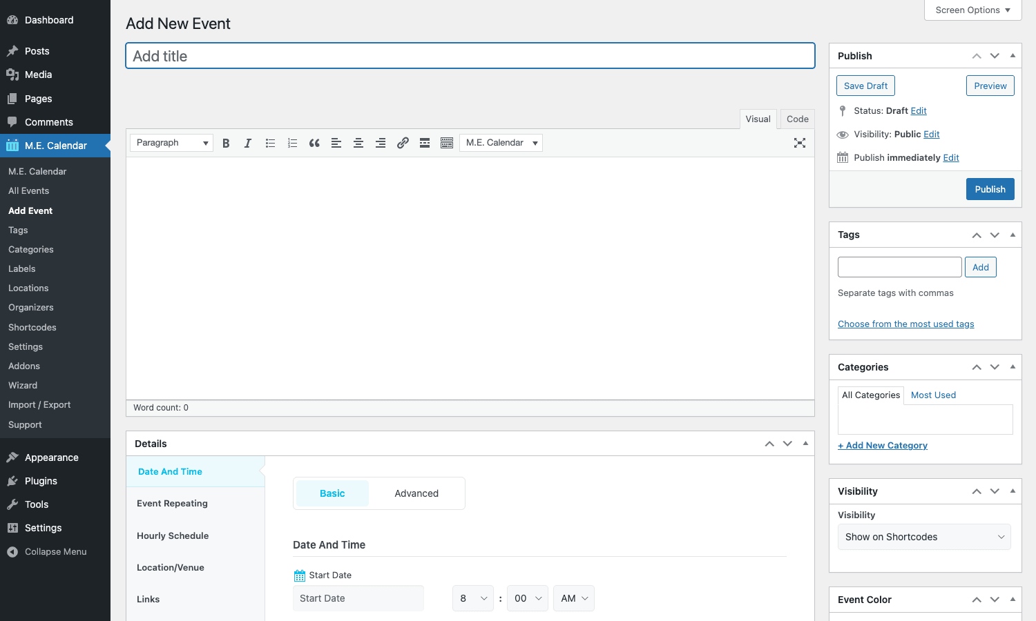 MEC Add Event editor with Details meta box showing Date And Time, Event Repeating, Hourly Schedule, Location/Venue, Links tabs and sidebar with Tags, Categories, Visibility, Event Color Modern Events Calendar Add New Event editor