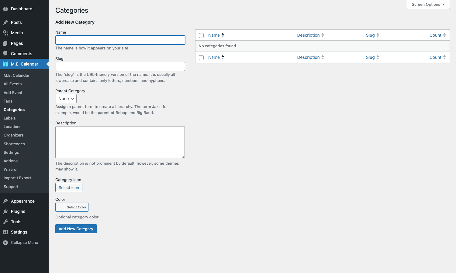 MEC Categories taxonomy admin showing the standard WP taxonomy management UI with name, slug, parent, description, image fields MEC Categories taxonomy admin