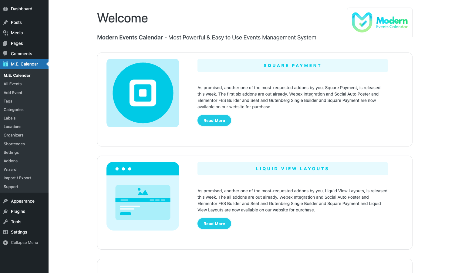 Modern Events Calendar Welcome page with M.E. Calendar sidebar showing All Events, Add Event, Tags, Categories, Labels, Locations, Organizers, Shortcodes, Settings, Addons, Wizard, Import/Export, Support Modern Events Calendar Welcome page