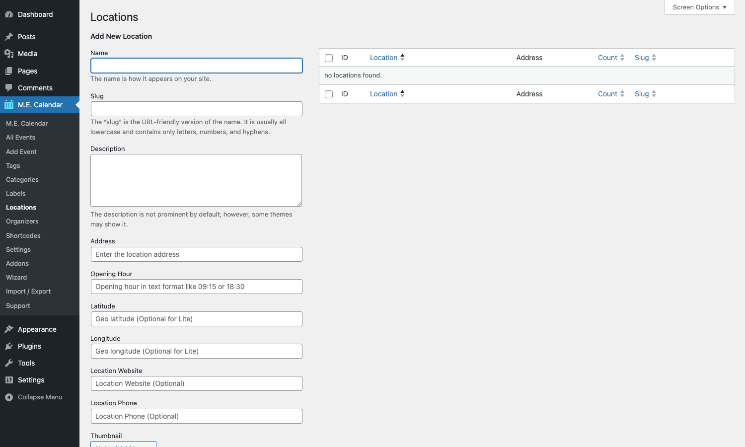 MEC Locations taxonomy admin with location list including name, slug, count MEC Locations taxonomy admin