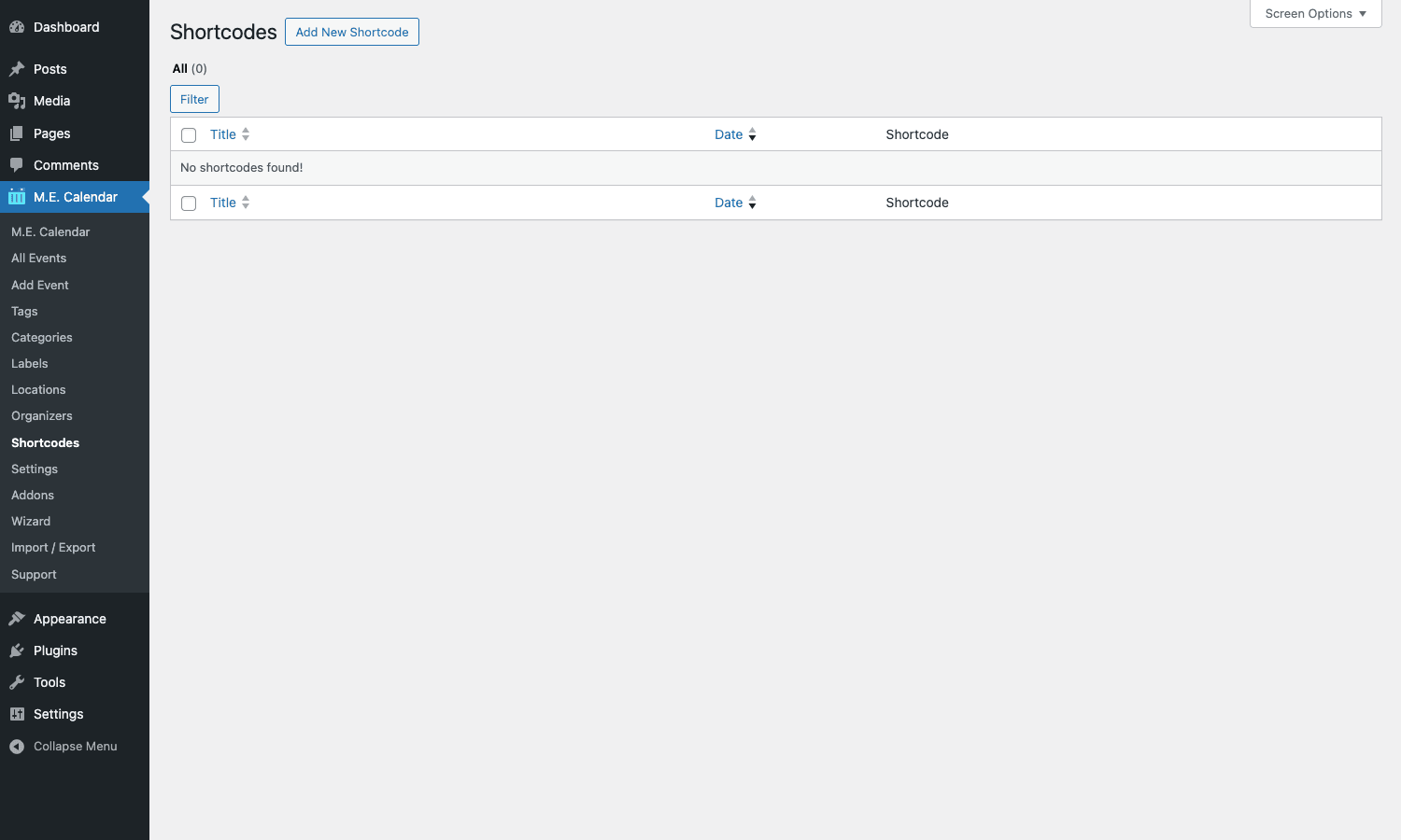 MEC Shortcodes admin where saved calendar configurations live as a CPT MEC Shortcodes (calendars) admin list