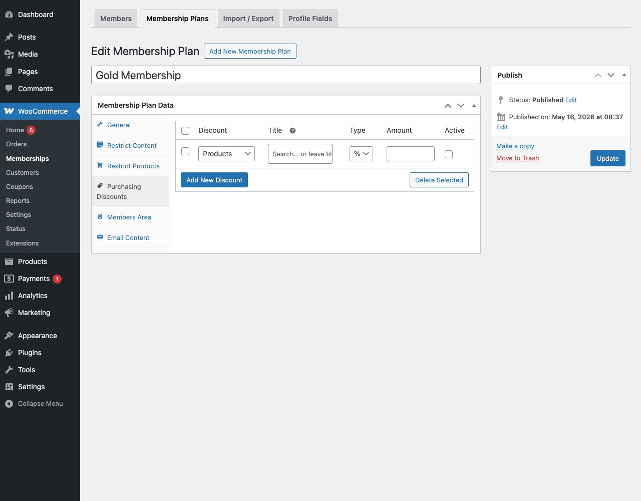 Purchasing Discounts tab, member discounts per product/category WooCommerce Memberships Purchasing Discounts tab with a discount rule row for Products, % type, and active toggle