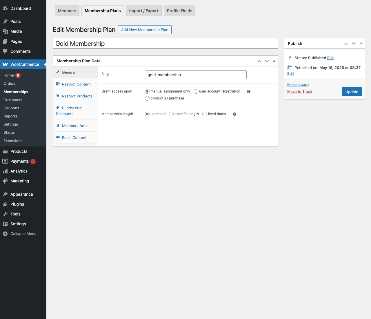 Plan editor → General tab WooCommerce Memberships plan editor showing the General tab with Slug, Grant access upon, and Membership length fields