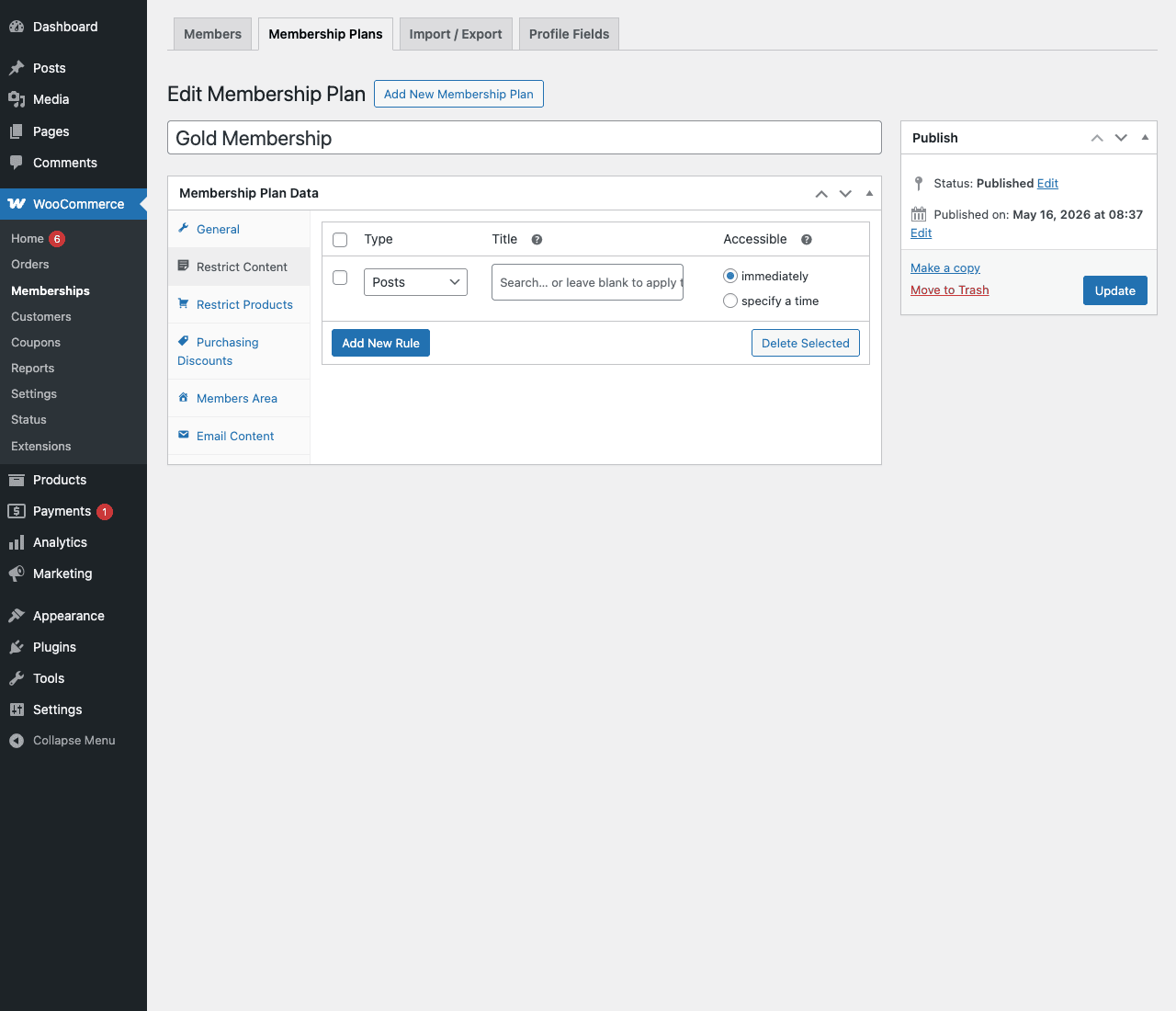 Restrict Content tab, add per-rule access rules WooCommerce Memberships plan editor Restrict Content tab showing a new rule row with Type Posts, search field, and access schedule options