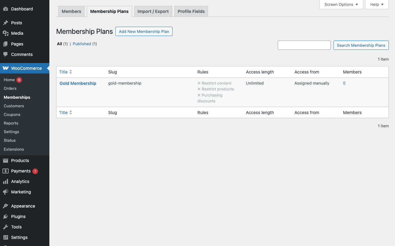 WooCommerce Memberships → Membership Plans list WooCommerce Memberships plans list inside WooCommerce showing the Memberships submenu and a Gold Membership plan with restriction rule columns