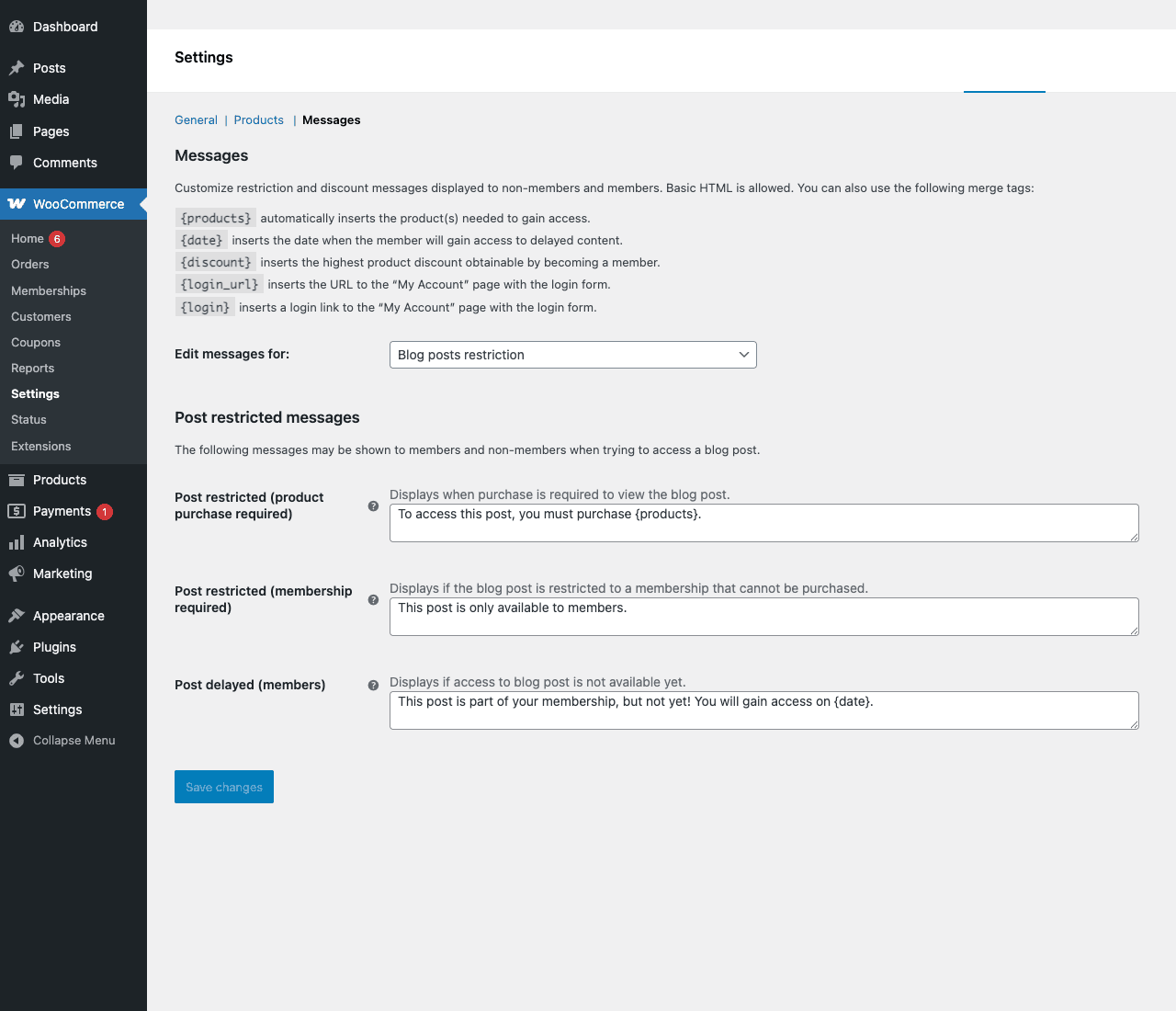 Settings → Messages, restriction copy with merge tags WooCommerce Memberships Messages settings tab with merge tag legend and edit fields for restricted post and delayed messages