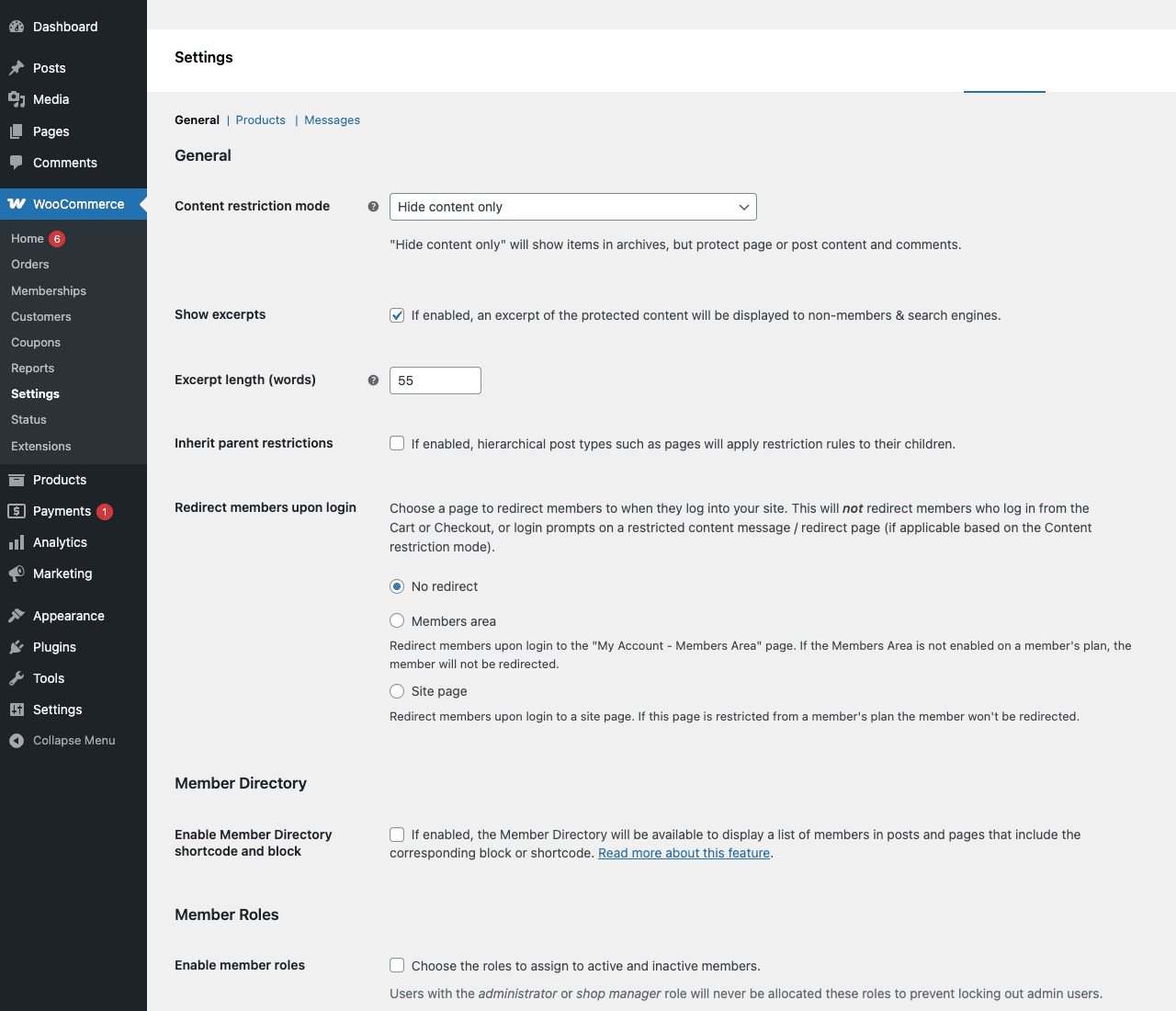 WooCommerce → Settings → Memberships WooCommerce Memberships site-wide settings showing Content restriction mode, redirect options, member directory, and member roles