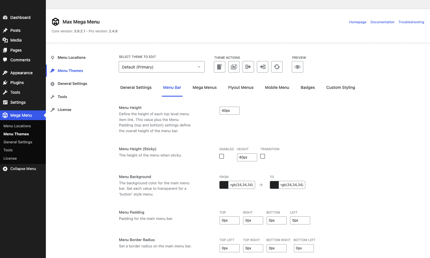 Menu Themes editor Menu Themes editor on the Menu Bar tab
