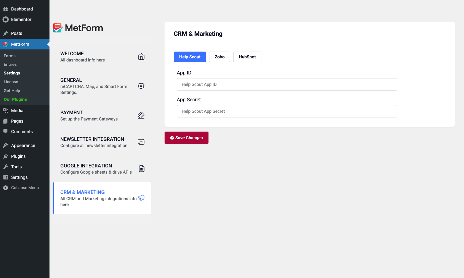 MetForm Pro CRM & Marketing tab with Help Scout, Zoho, and HubSpot tabs