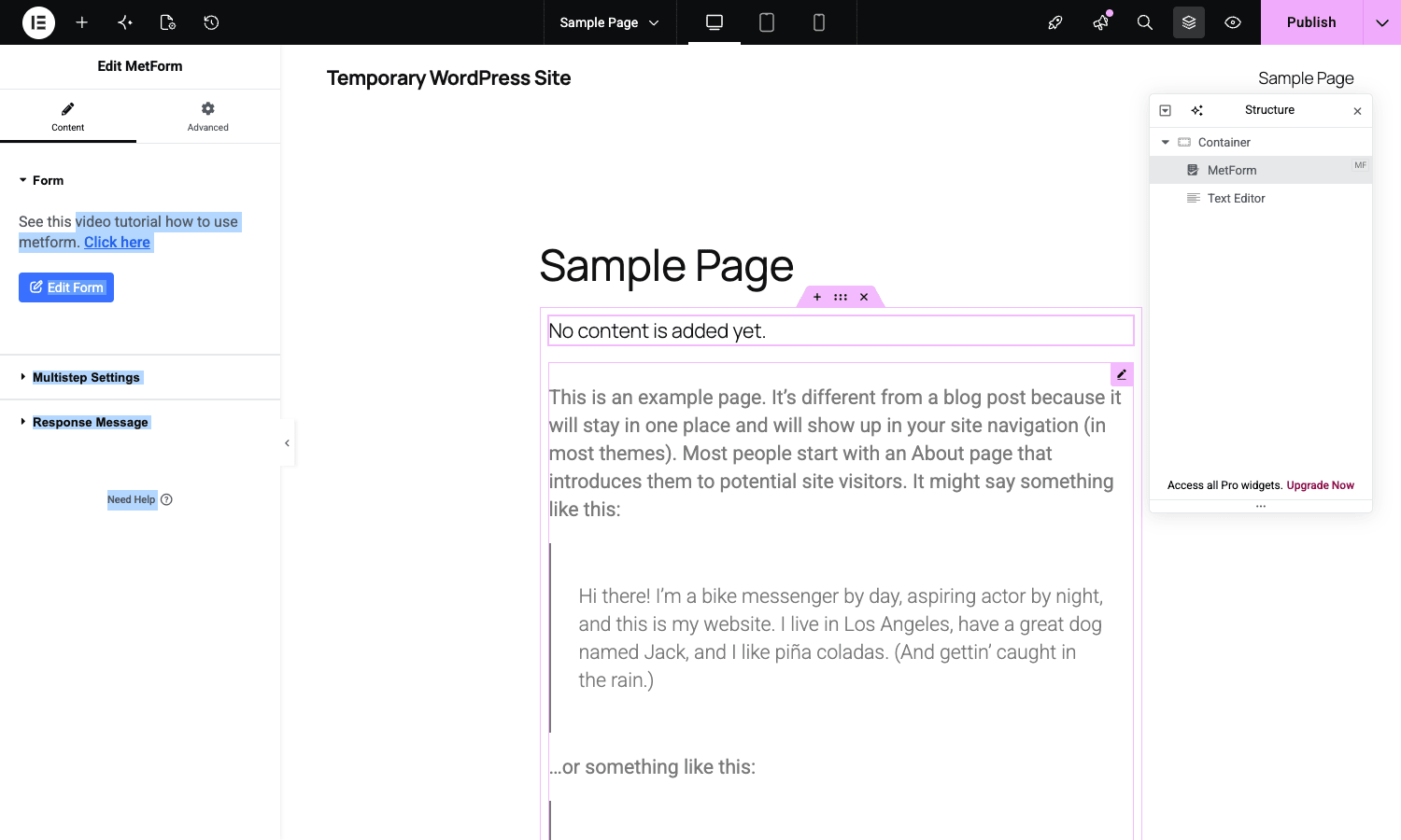 Elementor editor showing the MetForm widget on the canvas, with the Edit MetForm panel on the left exposing Form, Multistep Settings, and Response Message sections